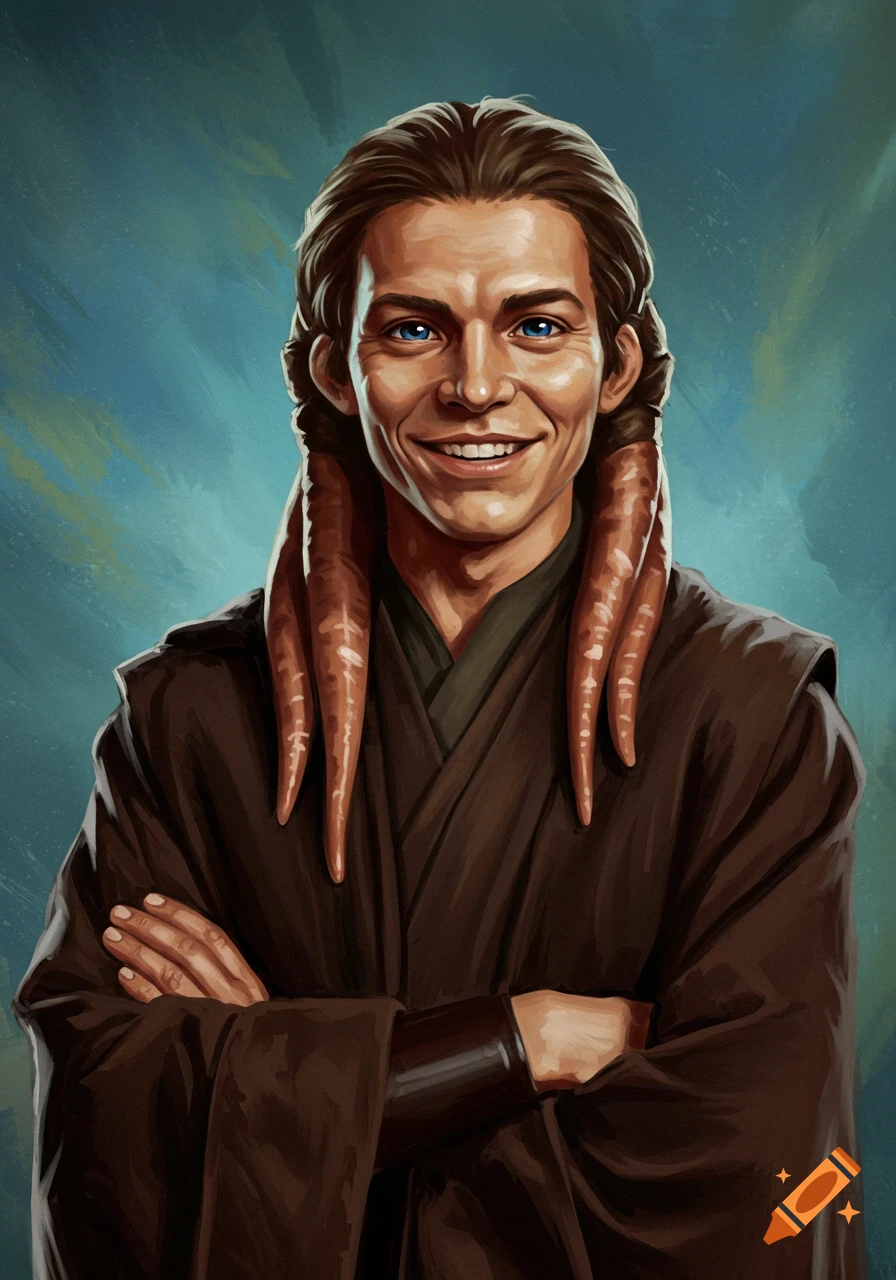 Oil painting portrait of a smiling brown-skinned humanoid with blue eyes and head-tails, wearing a dark brown robe and arms crossed.