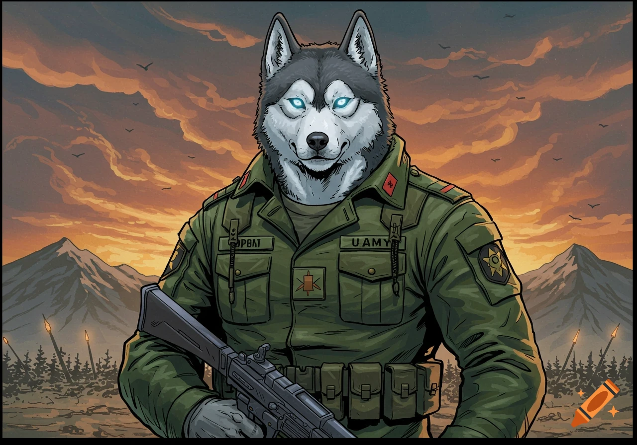 A comic book style husky hybrid in military fatigues holds a rifle at sunset, with mountains in the background.