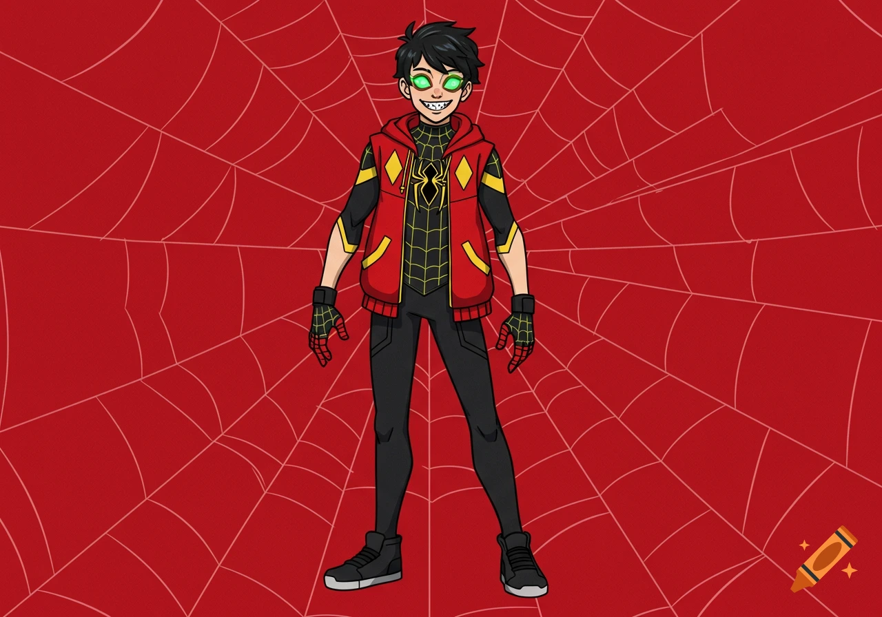 A young male superhero character in a red and black spider-themed outfit, with glowing green eyes and fangs, stands against a red spiderweb background.