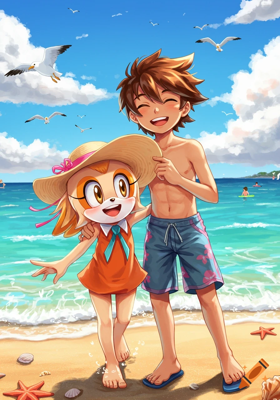 An anime illustration of Cream the Rabbit in a sun hat and a boy in swim trunks smiling on a sunny beach with the ocean and seagulls in the background.