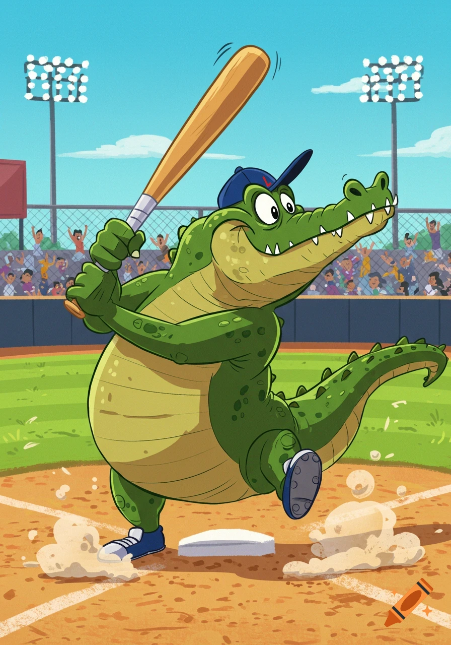 A cartoon alligator in a baseball cap swinging a bat on a baseball field with a crowd in the background.