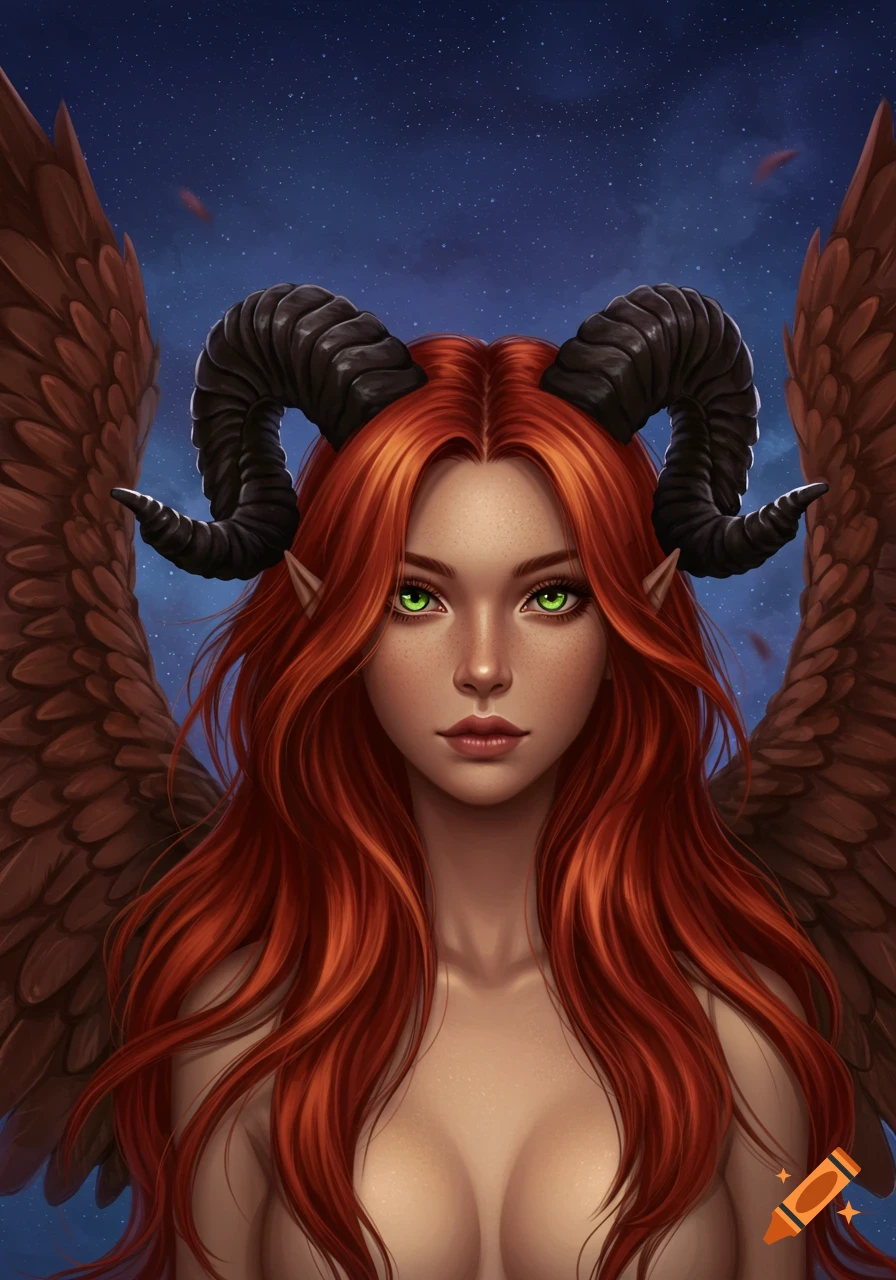 Digital painting of a beautiful woman with long red hair, green eyes, black ram horns, and large brown feathered wings against a starry night sky.