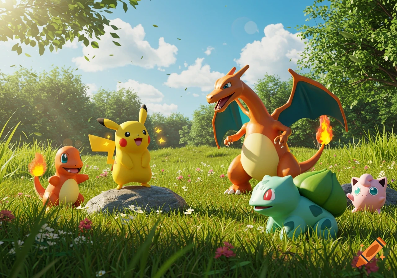 Pikachu, Charmander, Charizard, Bulbasaur, and Jigglypuff in a sunny green field.