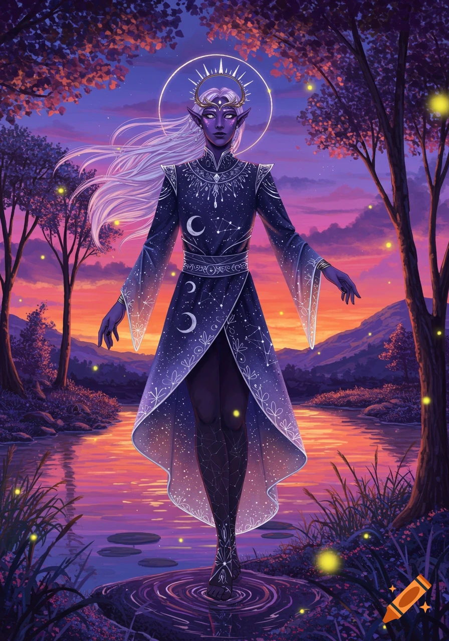 A purple-skinned elven character with white hair and a star-patterned robe stands in a glowing sunset landscape with water and trees.