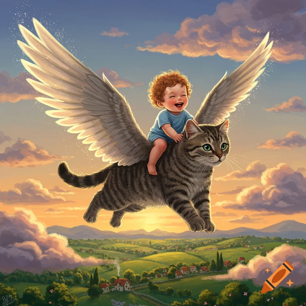 A happy baby with curly hair rides a winged tabby cat flying over a vibrant green landscape with a village under a cloudy sky.