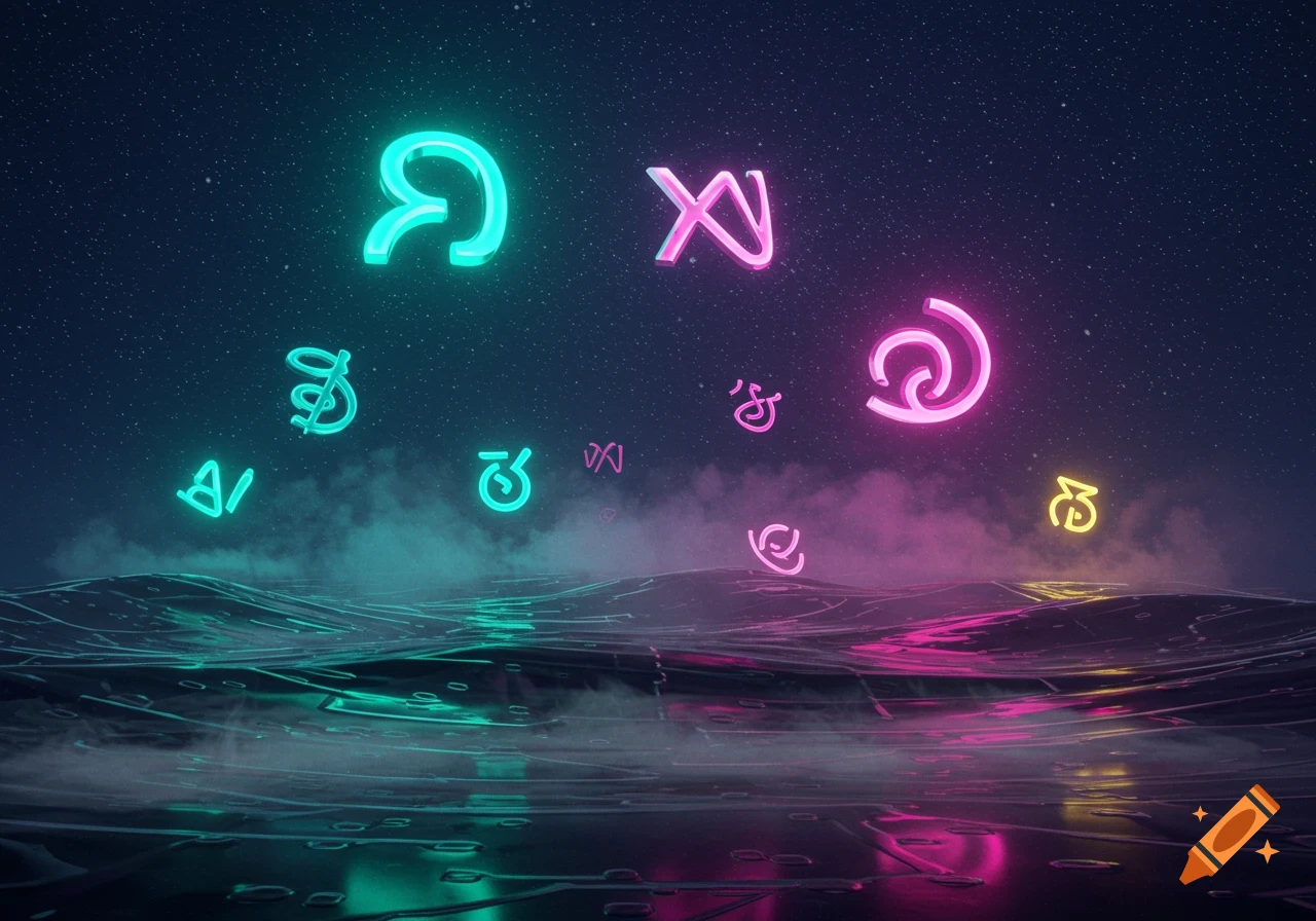 Glowing neon alien symbols float above a reflective, dark wavy surface under a starry night sky.