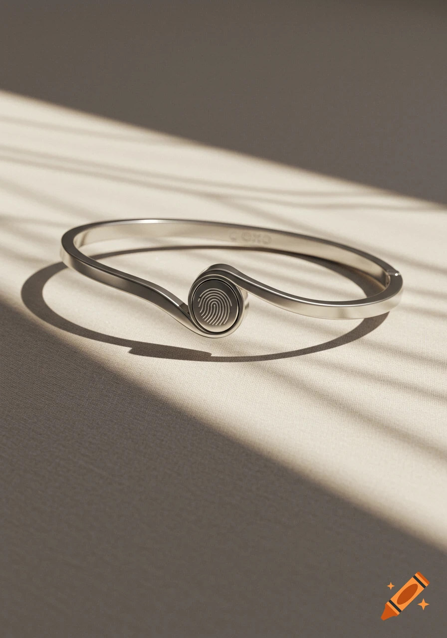 A silver metal bracelet with a fingerprint sensor rests on a light-colored surface with shadows.