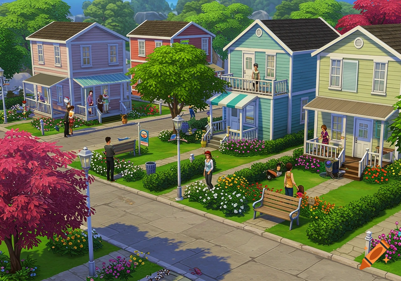 A vibrant, isometric view of a residential neighborhood in the Sims 4 art style, with colorful houses, green lawns, and various people interacting.