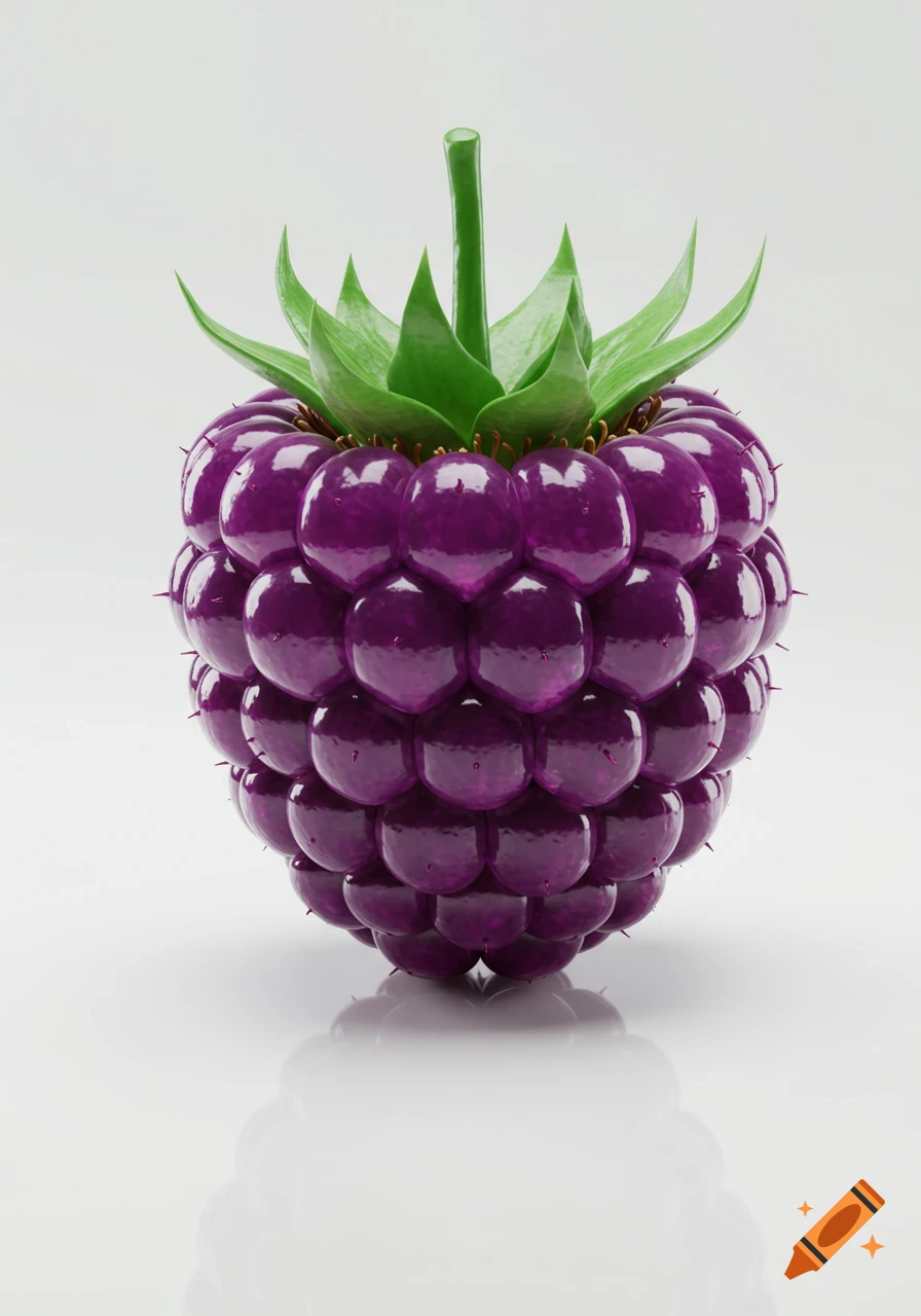 A purple crystal-like fruit in the shape of a raspberry with green leaves, rendered in 3D on a white background.