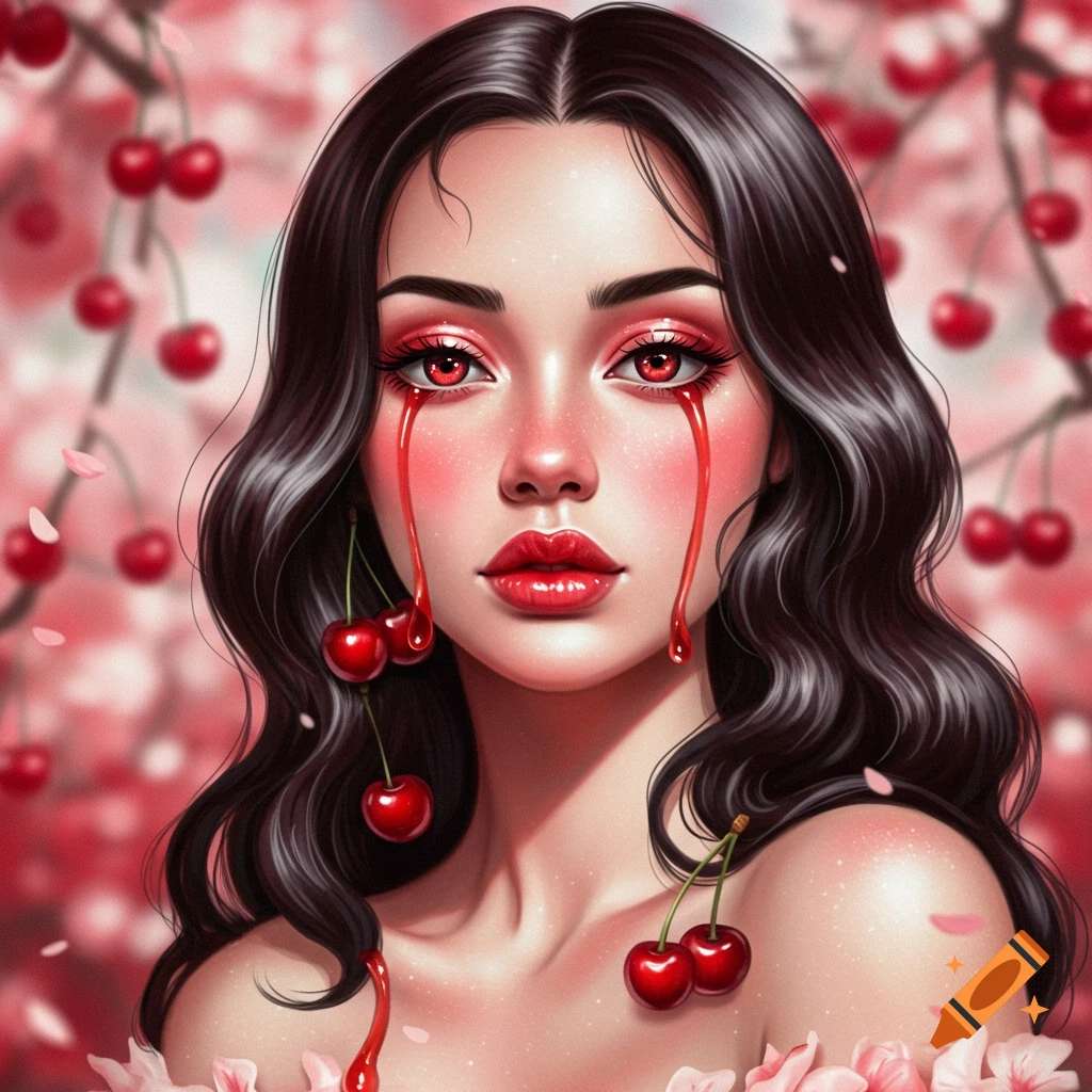 A stylized portrait of a woman with long dark hair, red eyes, and red liquid resembling tears dripping from her eyes. Cherries hang from her hair and rest on her chest, against a pink cherry blossom background.