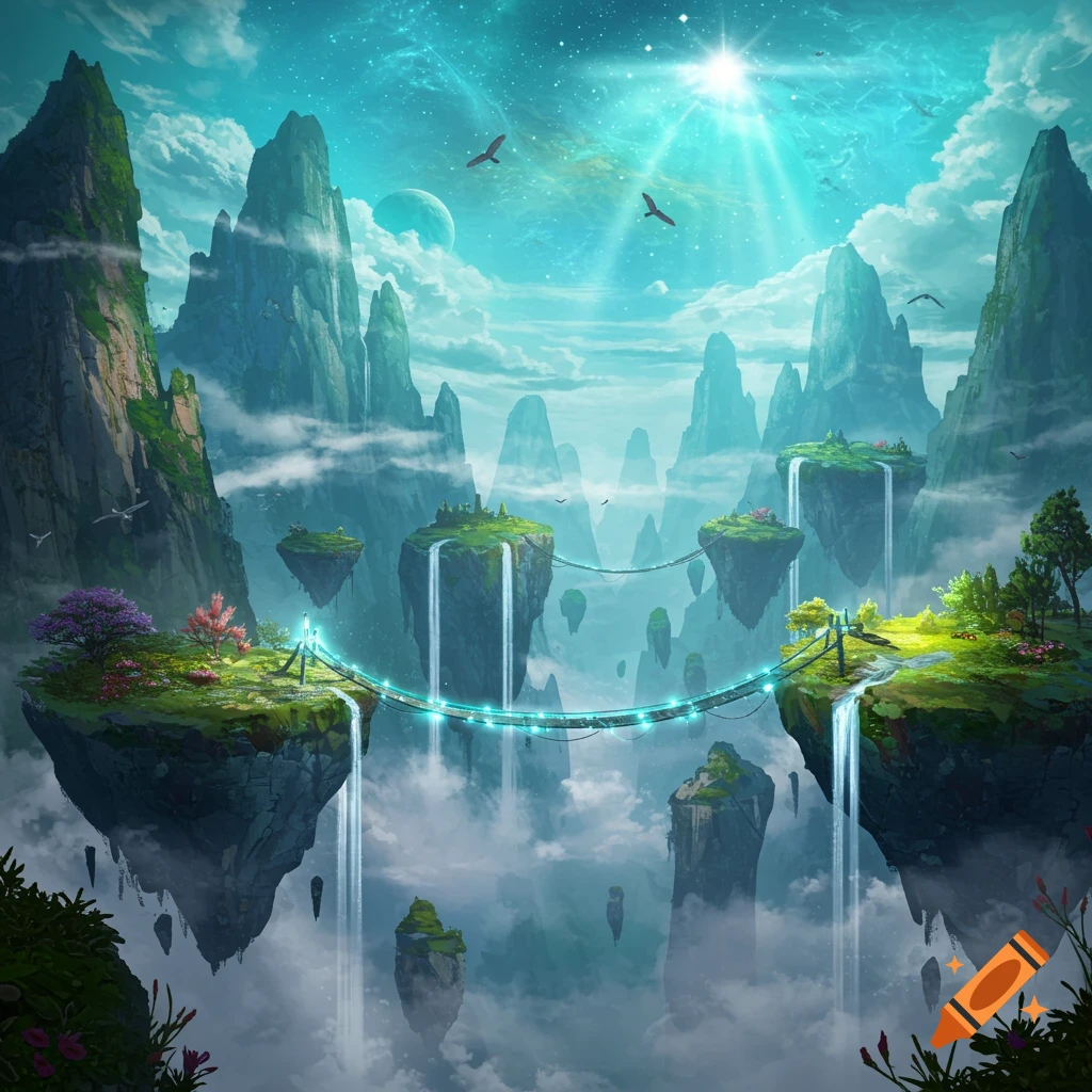 Fantastical landscape with floating islands, waterfalls, glowing bridge, and peaky mountains under a starry sky.