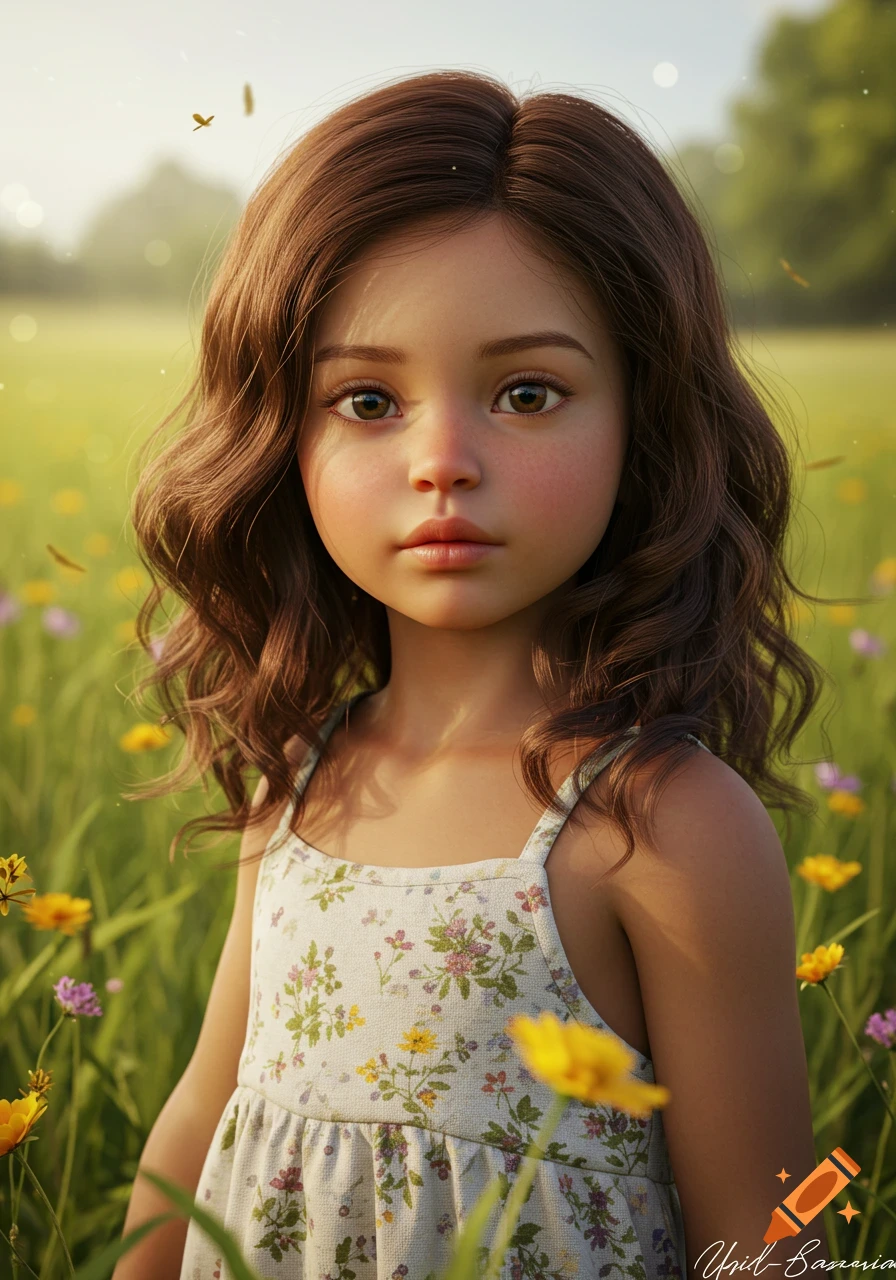 Photorealistic portrait of a young girl with brown hair in a floral dress standing in a sunlit field with yellow and purple flowers.