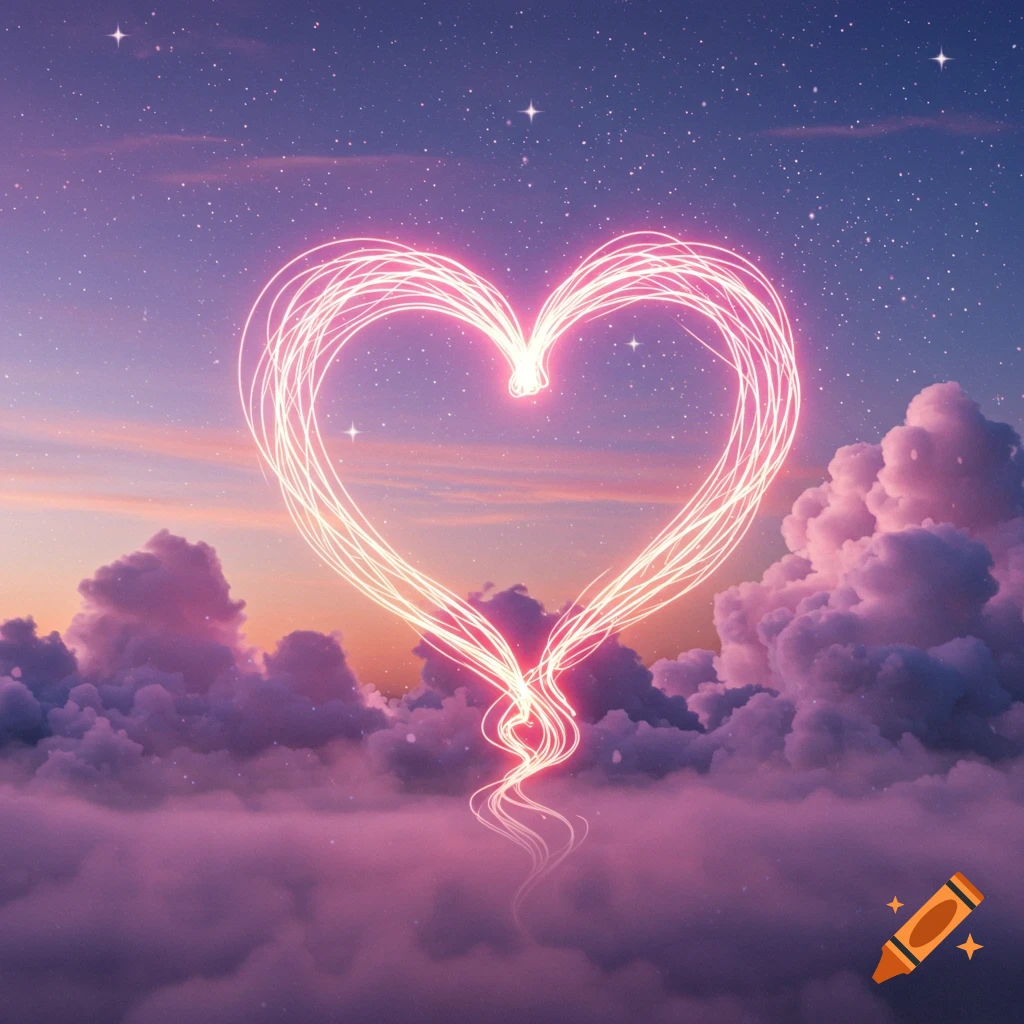 A glowing pink heart floats above purple and pink clouds under a starry night sky.