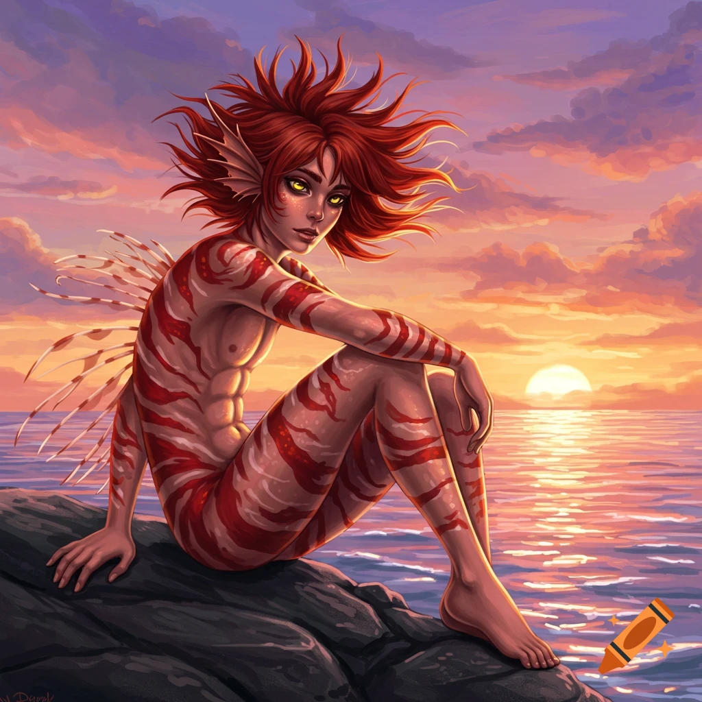 A red-haired, striped lionfish merman with human legs sits on rocks by the ocean at sunset, digital art.