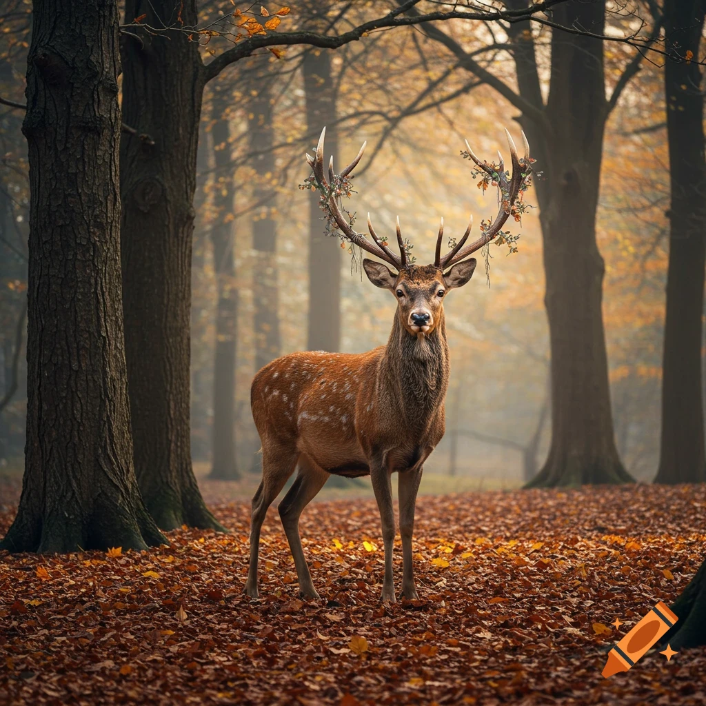 A majestic stag with decorative antlers stands in an autumn forest, surrounded by fallen brown leaves.
