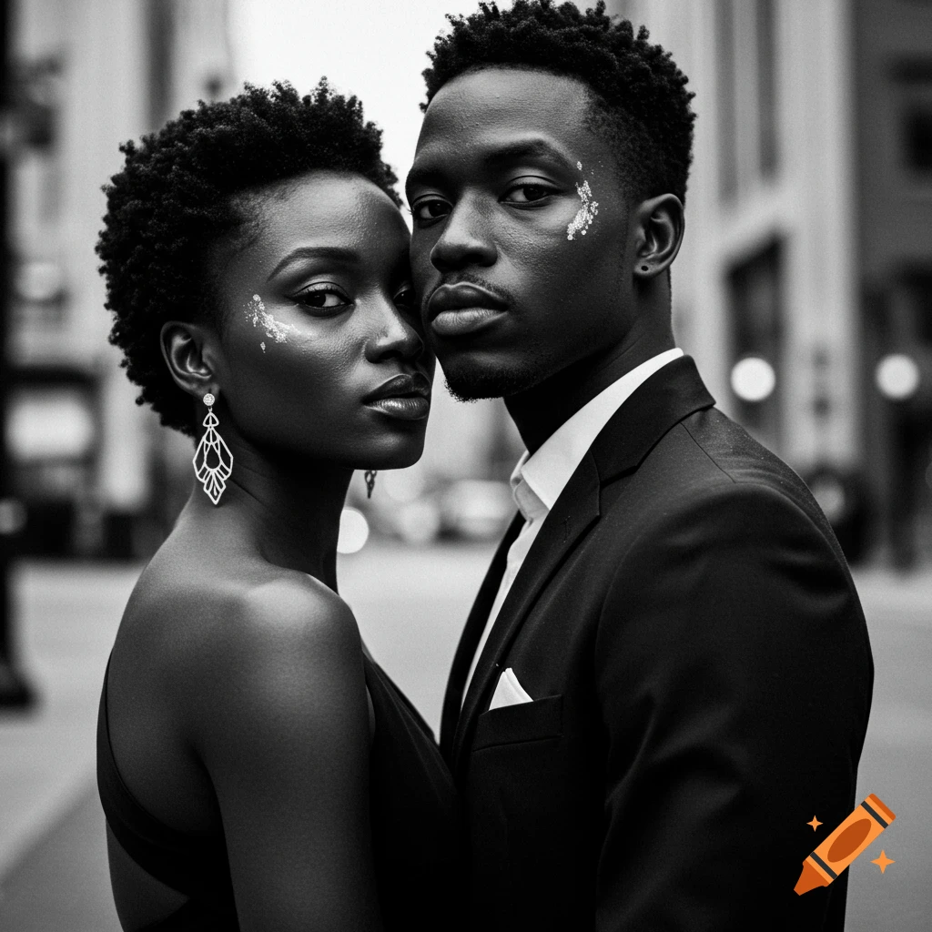 A black and white portrait of a Black couple, looking directly at the camera. They wear formal attire and have subtle glitter on their faces.