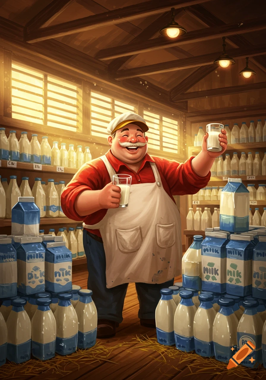 A happy, mustachioed man in an apron holds two glasses of milk, surrounded by shelves of milk bottles and cartons in a warm, rustic barn.