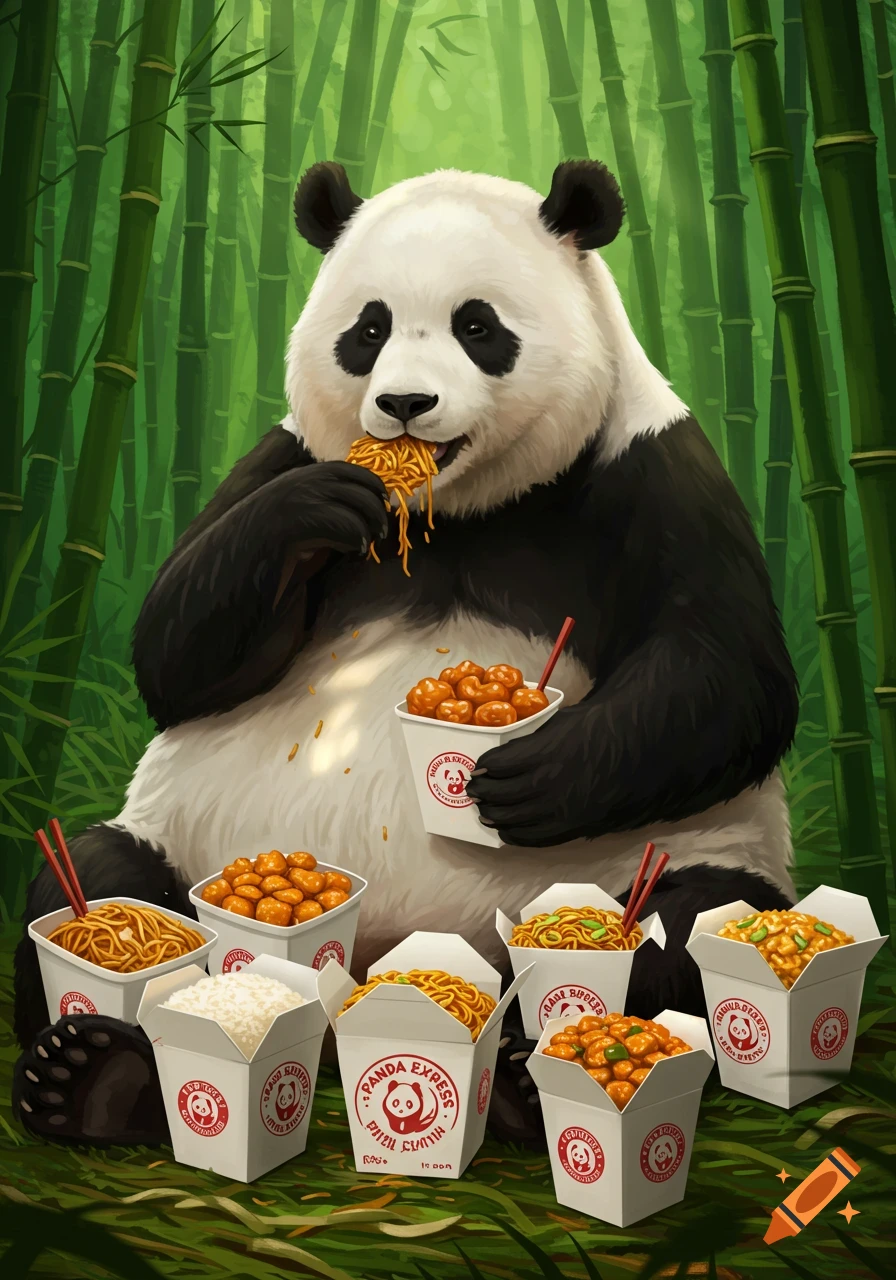 A panda sits in a bamboo forest, eating noodles from a Panda Express container, surrounded by several other containers of Chinese food.