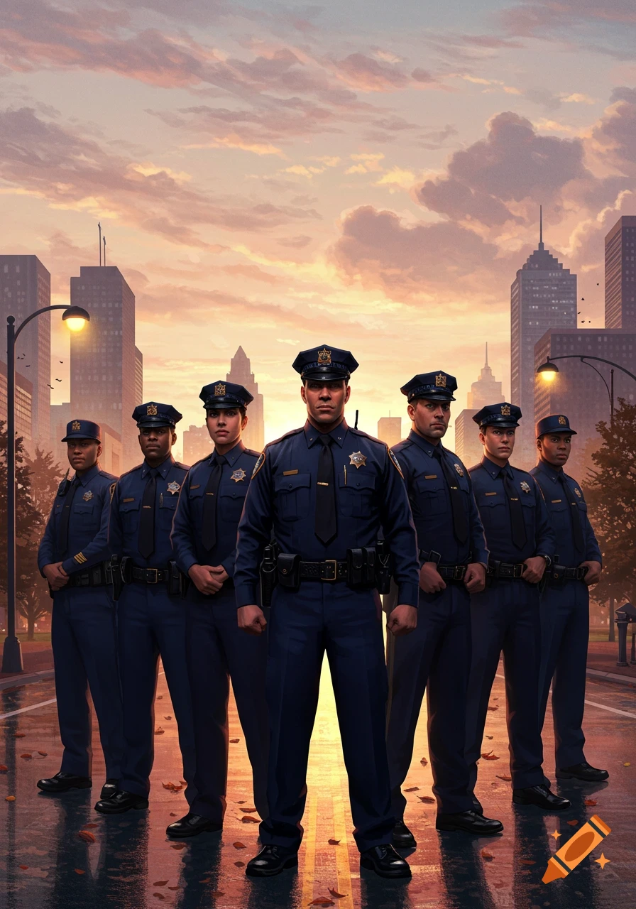 A group of police officers standing on a city street at sunset, looking stoic and ready, in a photorealistic style.