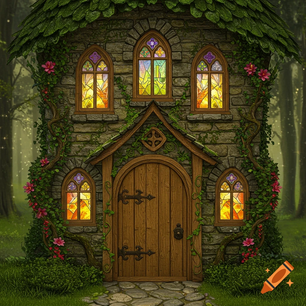 A whimsical fairy house made of stone and covered in ivy, with a wooden door and colorful stained glass windows, set in a magical forest.