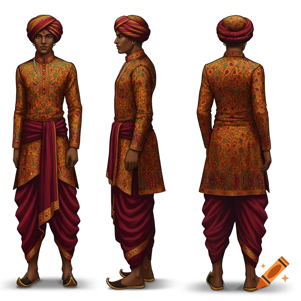 Character concept art showing front, side, and back views of a person in traditional Indian attire with intricate gold and red patterns.