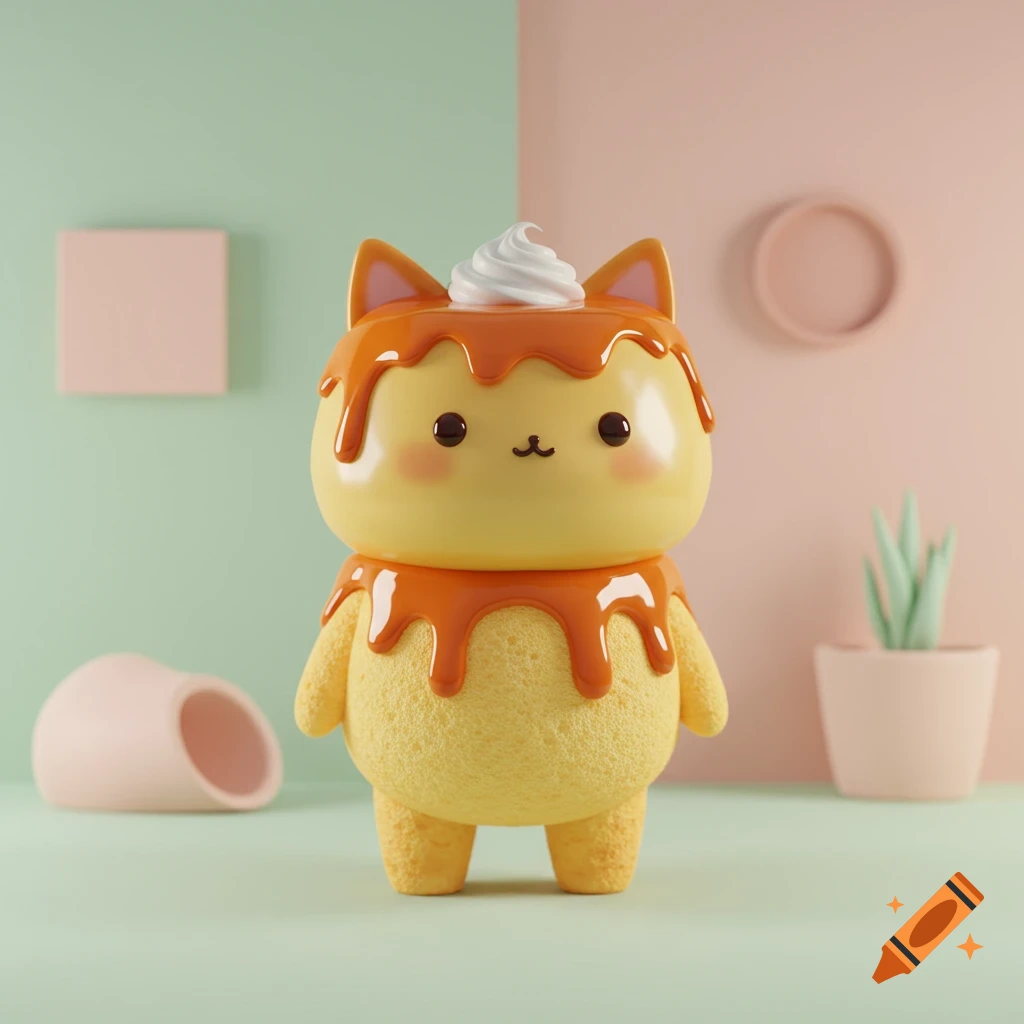 A cute, stylized cat character with a yellow, glossy, flan-shaped head topped with whipped cream and caramel glaze dripping down its sponge cake-textured body, standing in a soft-lit, pastel room.