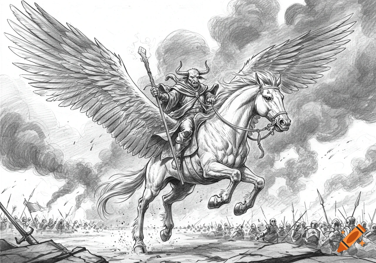 A detailed sketch depicts a horned warrior riding a winged pegasus over a smoky battlefield with soldiers below.