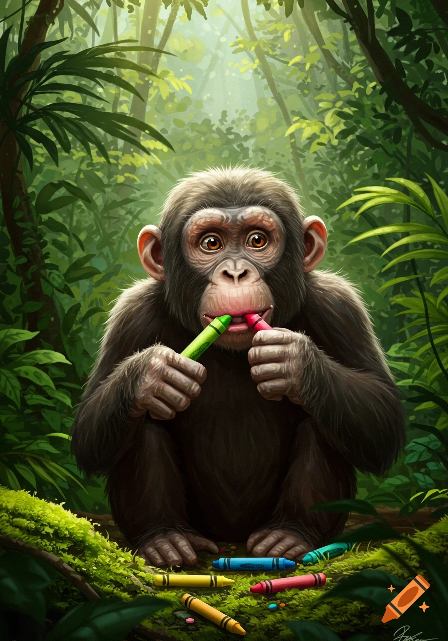 A cute chimpanzee sits in a vibrant jungle, holding green and pink crayons in its mouth while other crayons lie on the mossy ground.