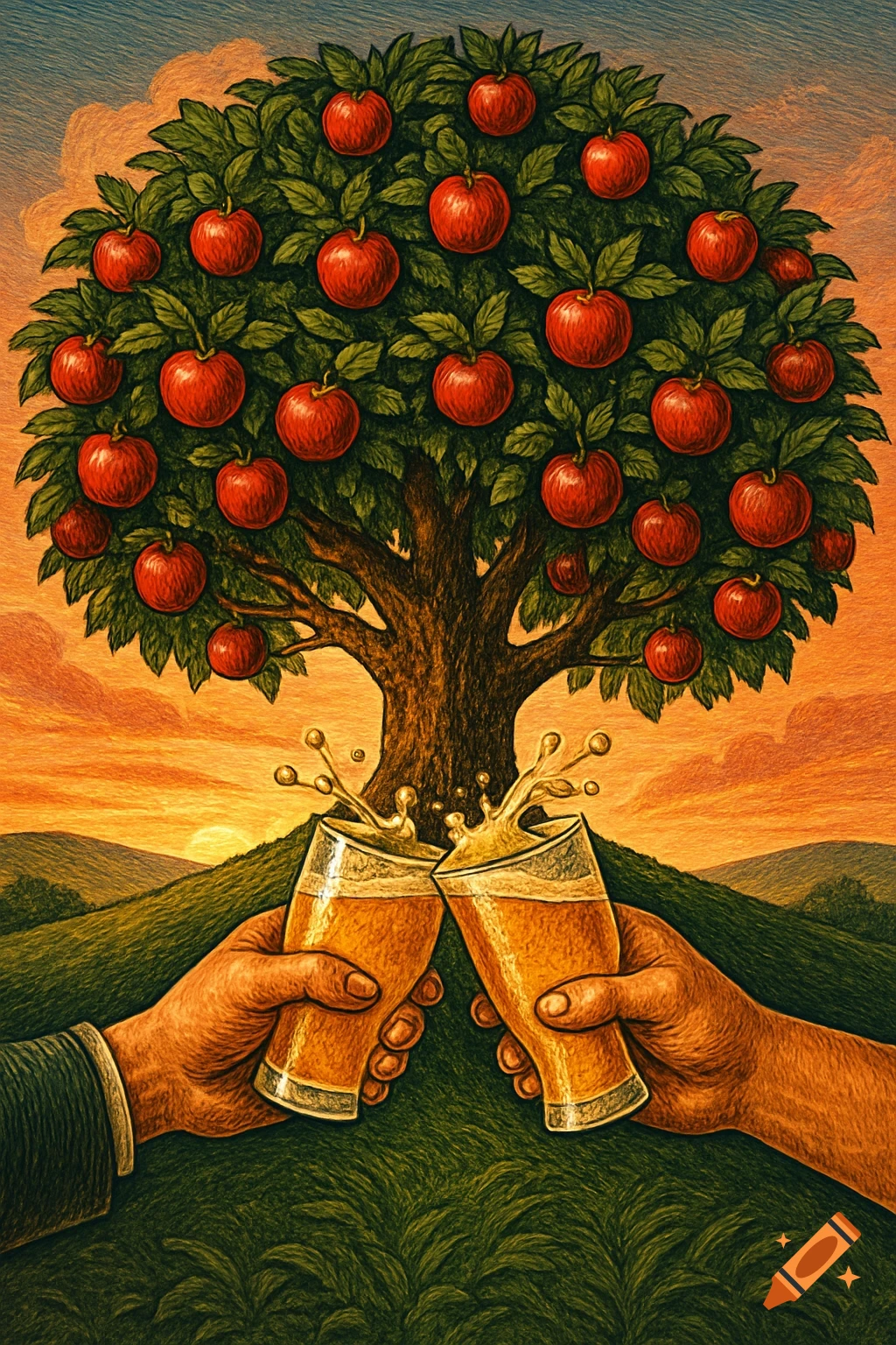 Stylized illustration of two hands clinking glasses of cider under an apple tree at sunset.