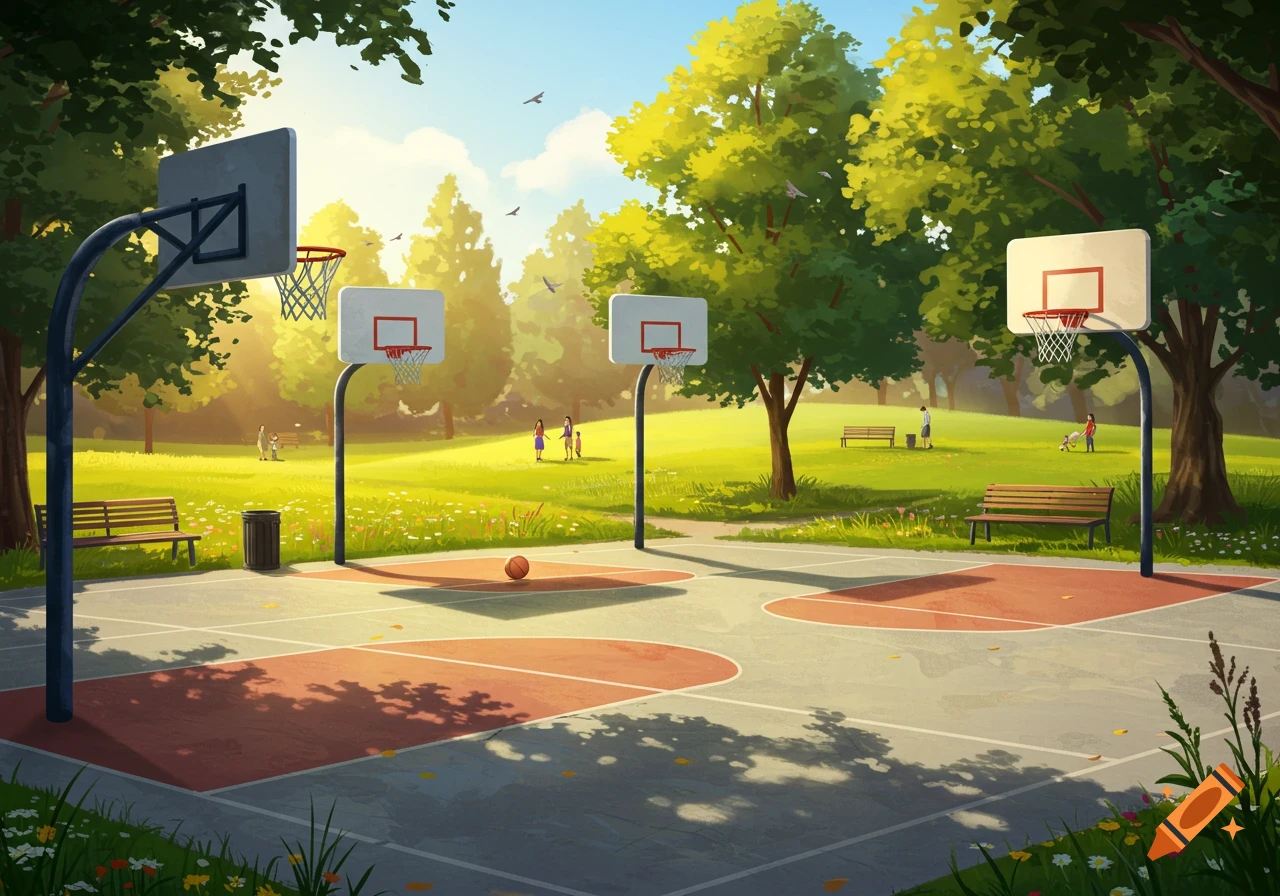 An illustrative scene of a sunny park with multiple basketball courts, a basketball, trees, and a few people in the background.