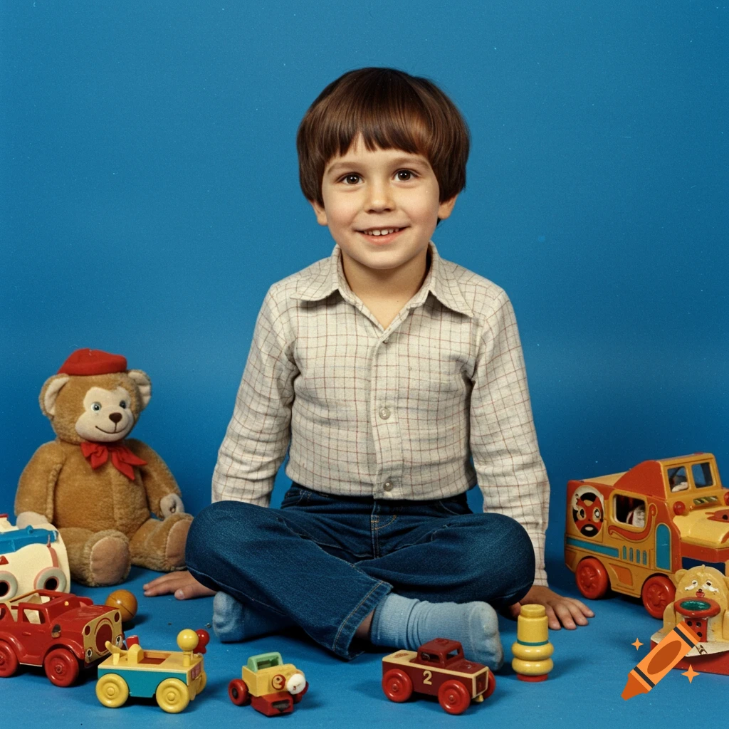 A smiling little boy in a plaid shirt and jeans sits on a blue floor, surrounded by vintage toys, in a 1970s photo.