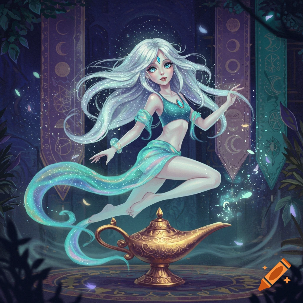 Anime genie with long white hair and blue eyes, in a teal outfit, floating above a golden lamp amidst magical sparkles.
