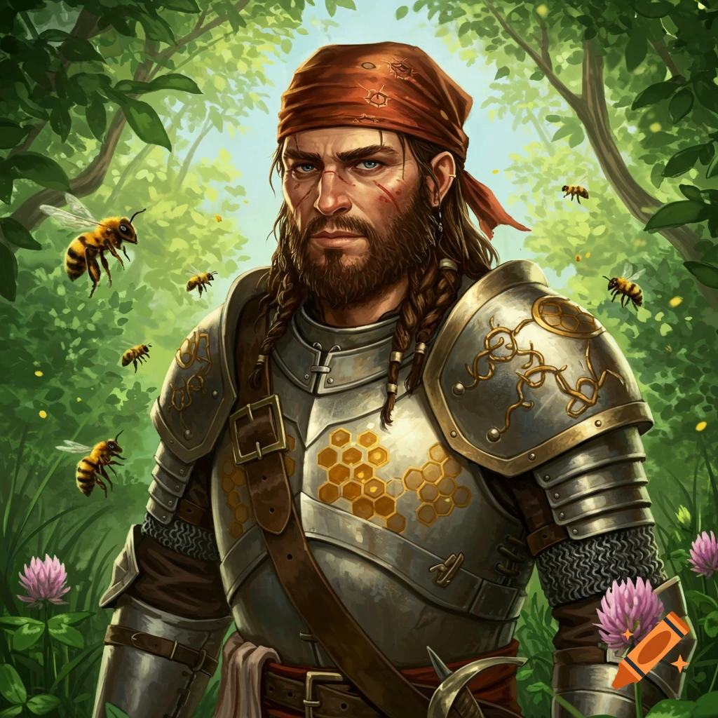 A bearded man in armor with a red bandana stands in a green forest, surrounded by bees. Digital fantasy art.