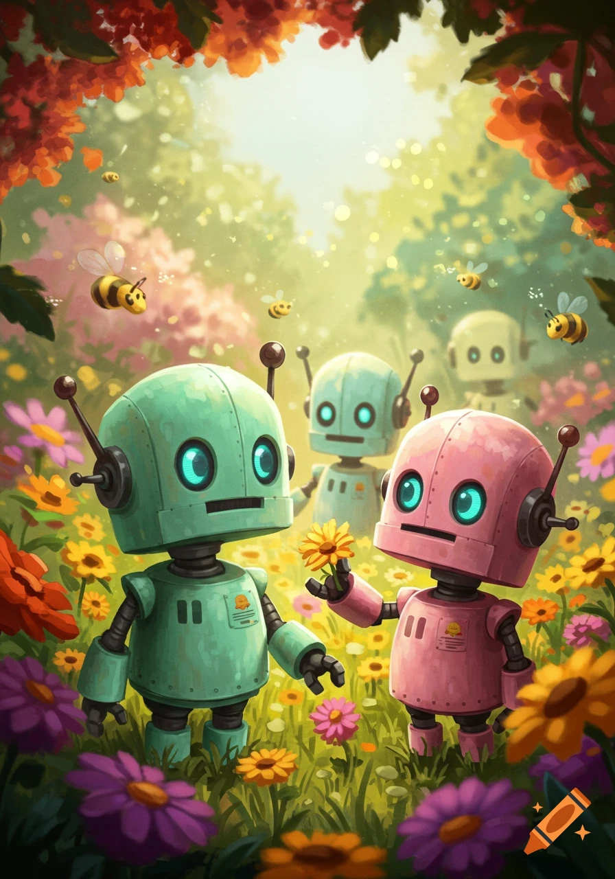 Two cute robots stand in a vibrant flower field with bees, one offering a yellow flower to another.