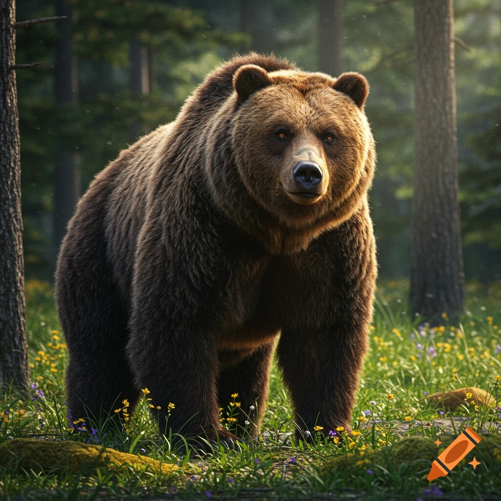A photorealistic brown bear stands in a sunlit forest, surrounded by green grass and wildflowers.
