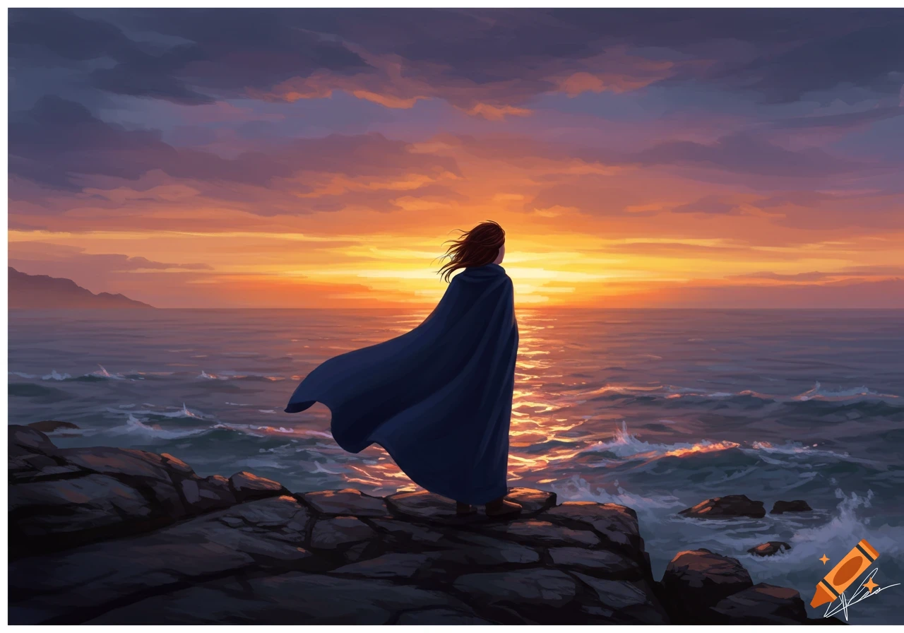 A person in a flowing blue cape stands on a rocky shore, looking out at a vibrant orange and purple sunset over the ocean, in a digital painting style.