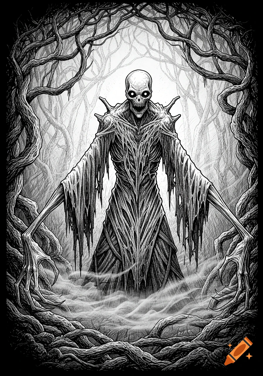 A black and white line art illustration of a skeletal monster with glowing eyes, long arms, and a root-like body, standing in a misty, gnarled forest.