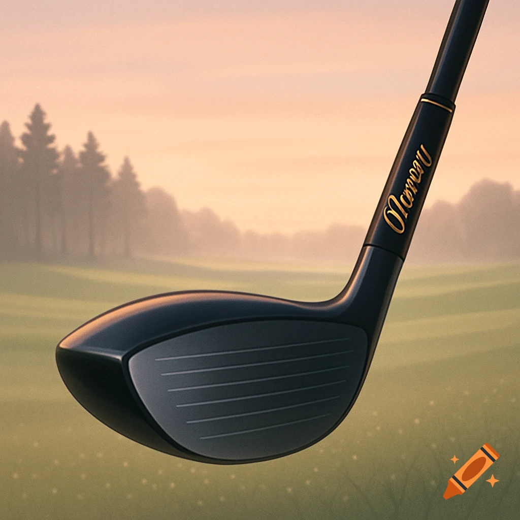 A close-up of a black golf club with gold lettering on a golf course during sunrise or sunset.