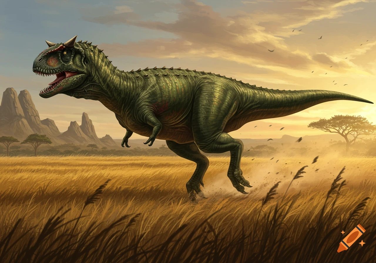 A green Carnotaurus runs through tall, golden grass in a savanna landscape under a cloudy sky.