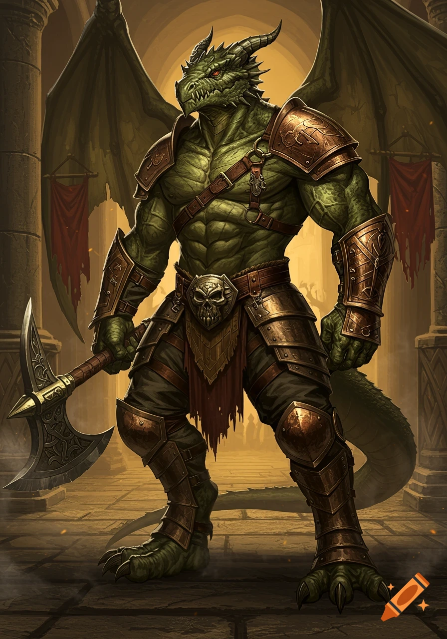 A heavily armored green Dragonborn warrior with large wings stands holding a battle axe in a stone hall.