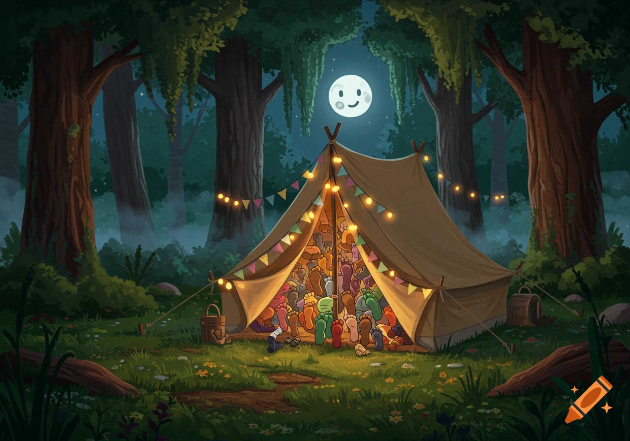 A whimsical cartoon illustration of a tent at night in a forest with many colorful feet sticking out, under a smiling moon.