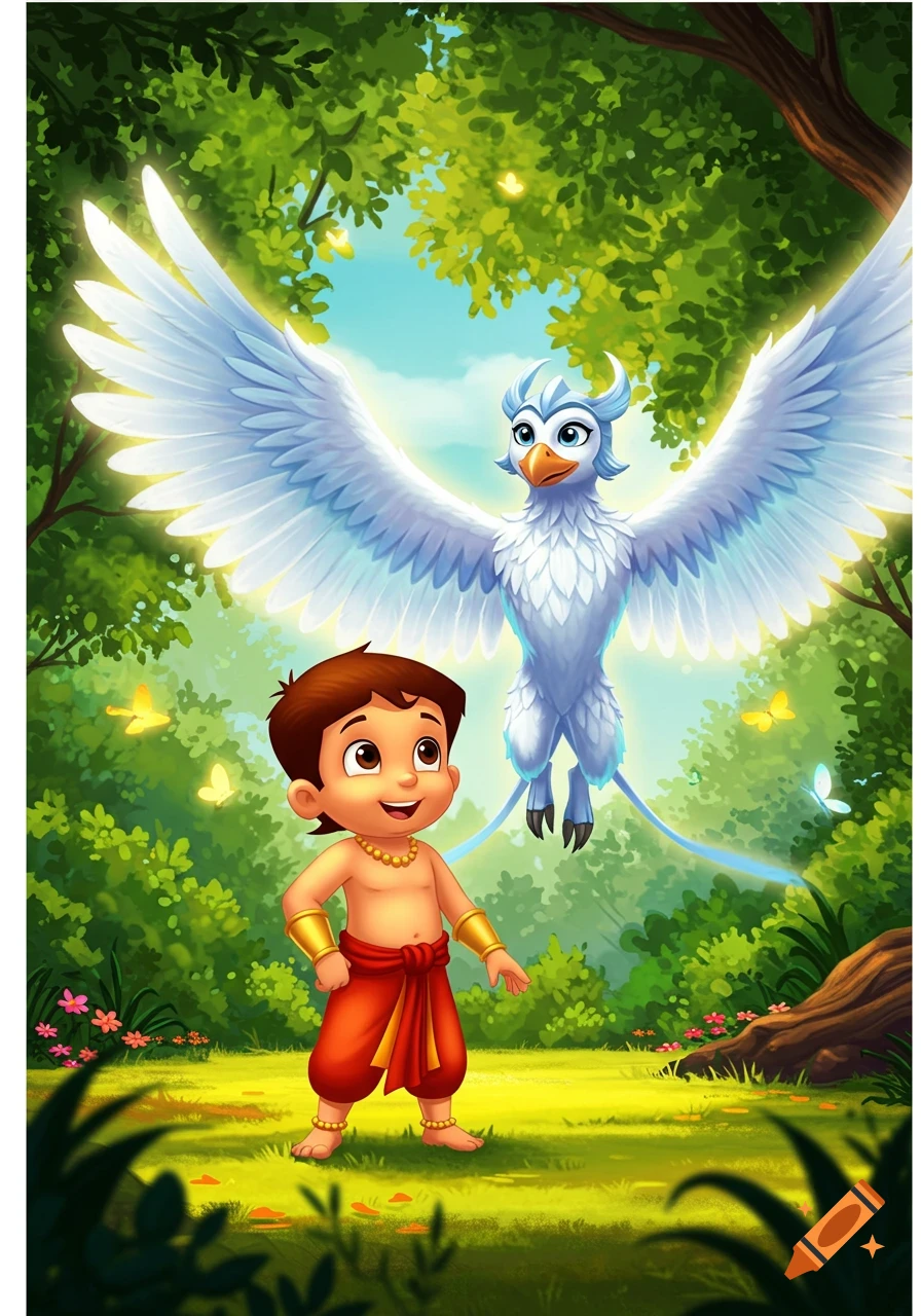 A cartoon boy in red drapes and gold jewelry stands in a lush forest, looking up at a majestic white bird-like creature with large wings.