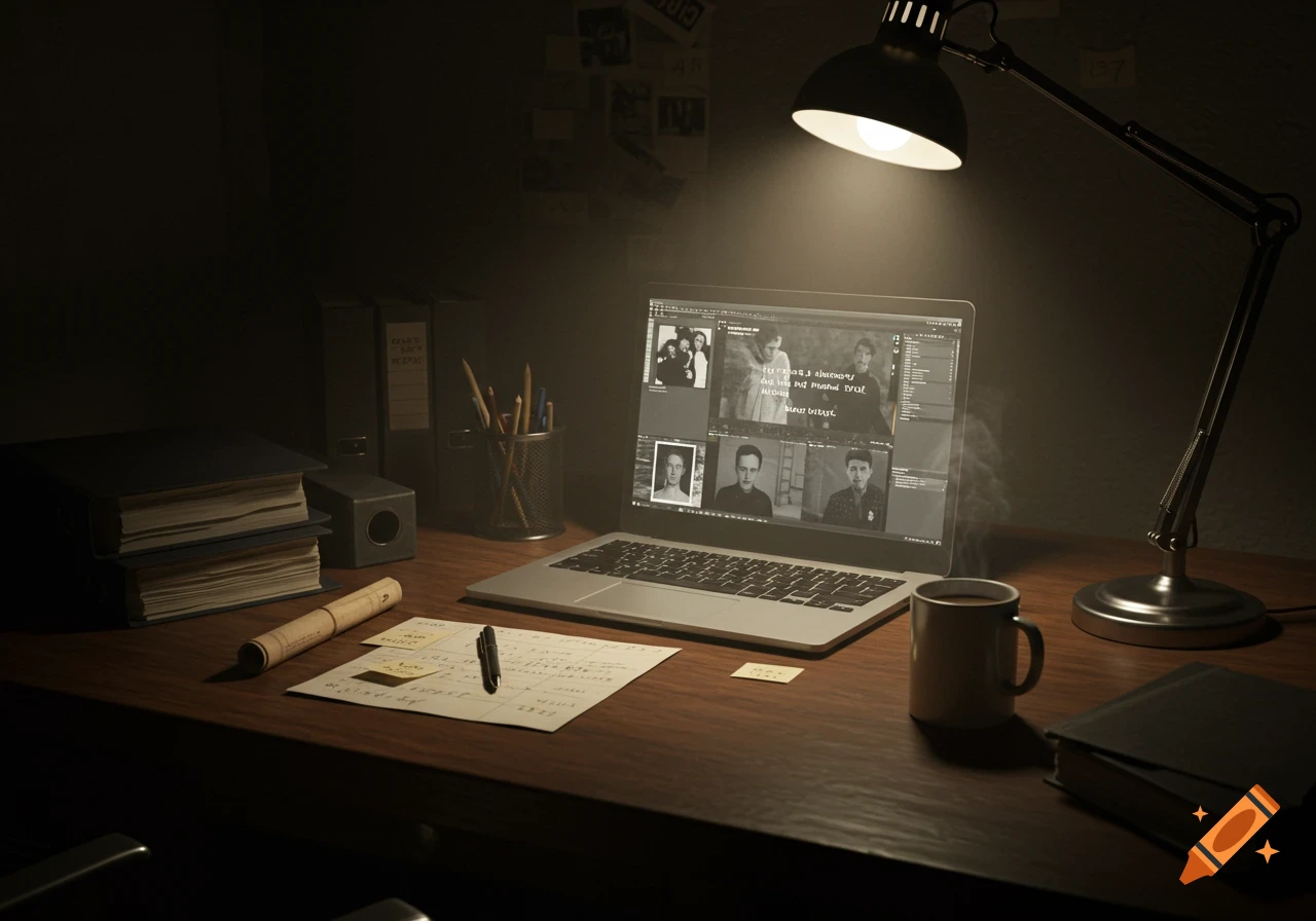 A dark desk illuminated by a bright lamp, with a laptop displaying black and white photos, papers, books, a coffee mug, and office supplies.