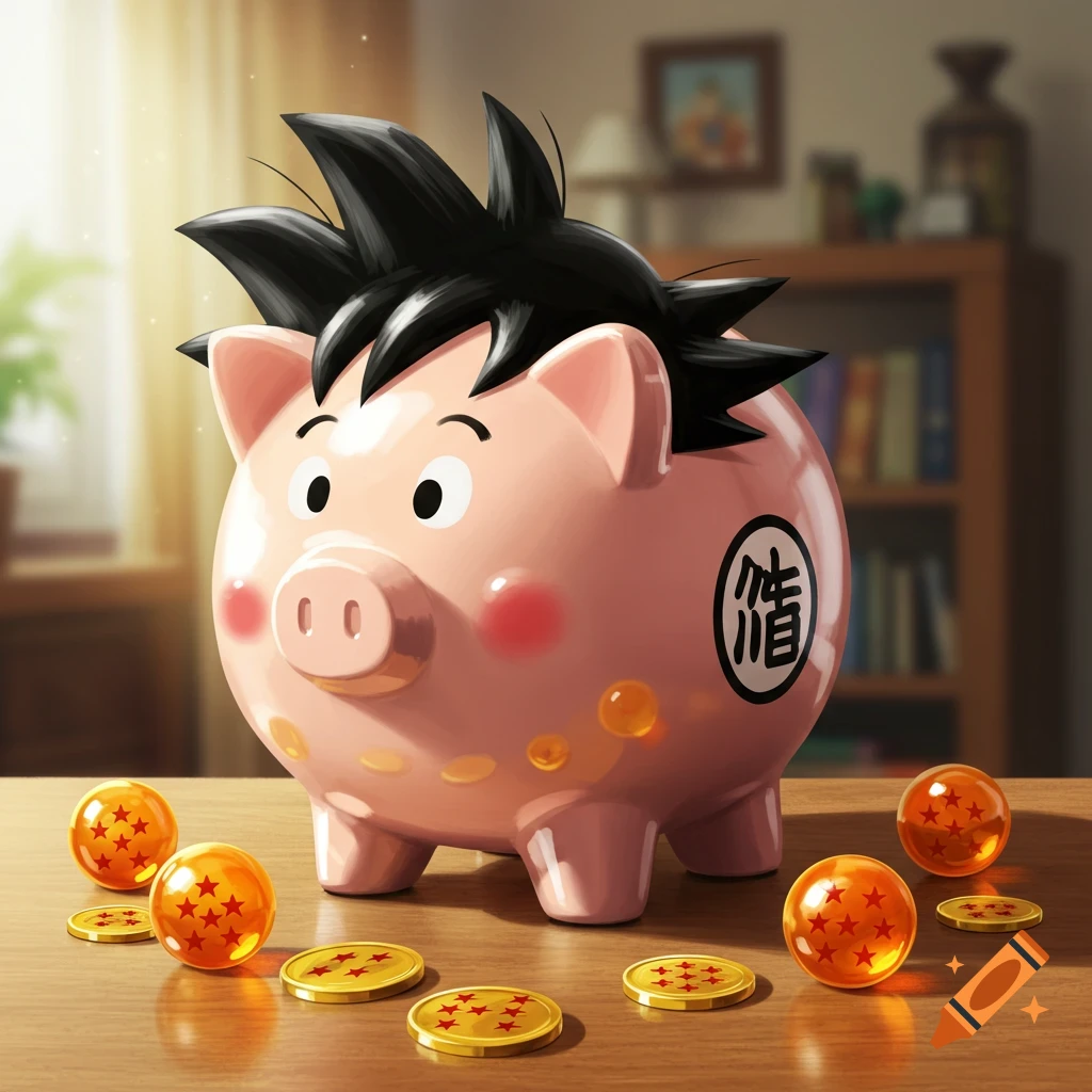 A pink piggy bank with black spiky hair like Goku's, featuring the 'Go' kanji symbol. It sits on a wooden table with Dragon Balls and gold coins.