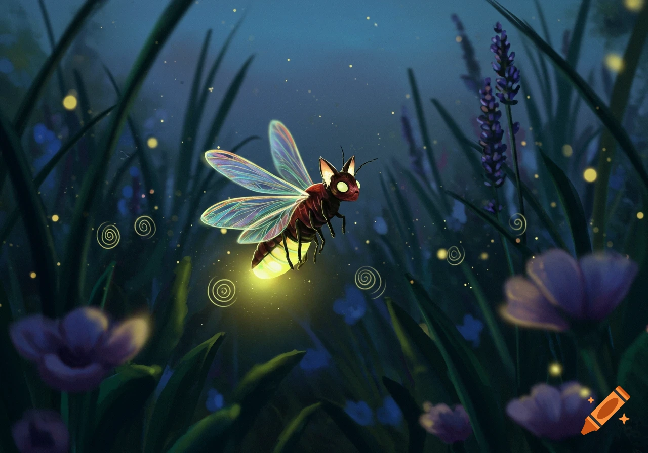 A whimsical firefly with cat ears glows while flying through a dark, moonlit field with tall grass and purple flowers.