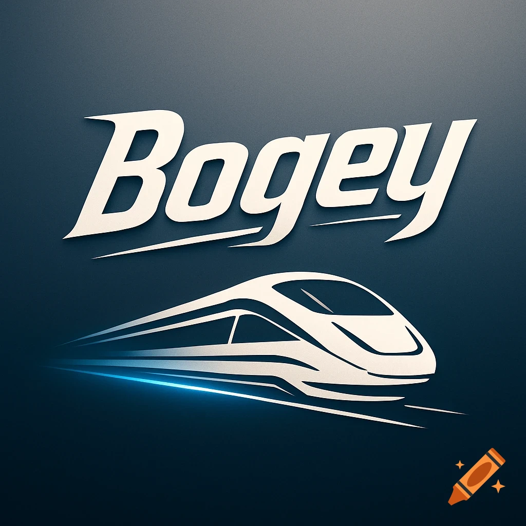 A logo with the word 'Bogey' above a stylized white train, with blue streaks indicating motion, on a dark blue background.