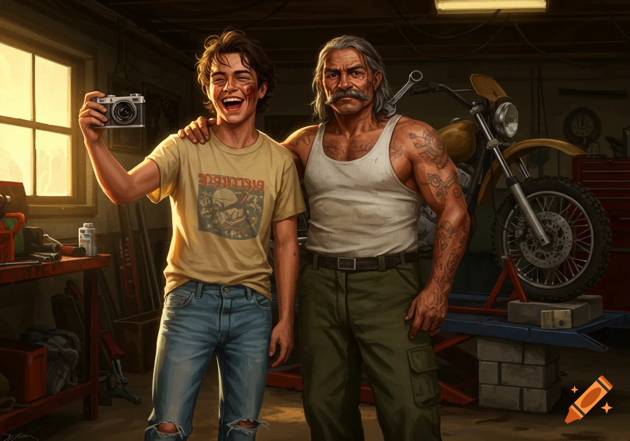 A smiling young man holding a camera poses with an older, tattooed man in a cluttered garage with a motorcycle. Illustrated style.