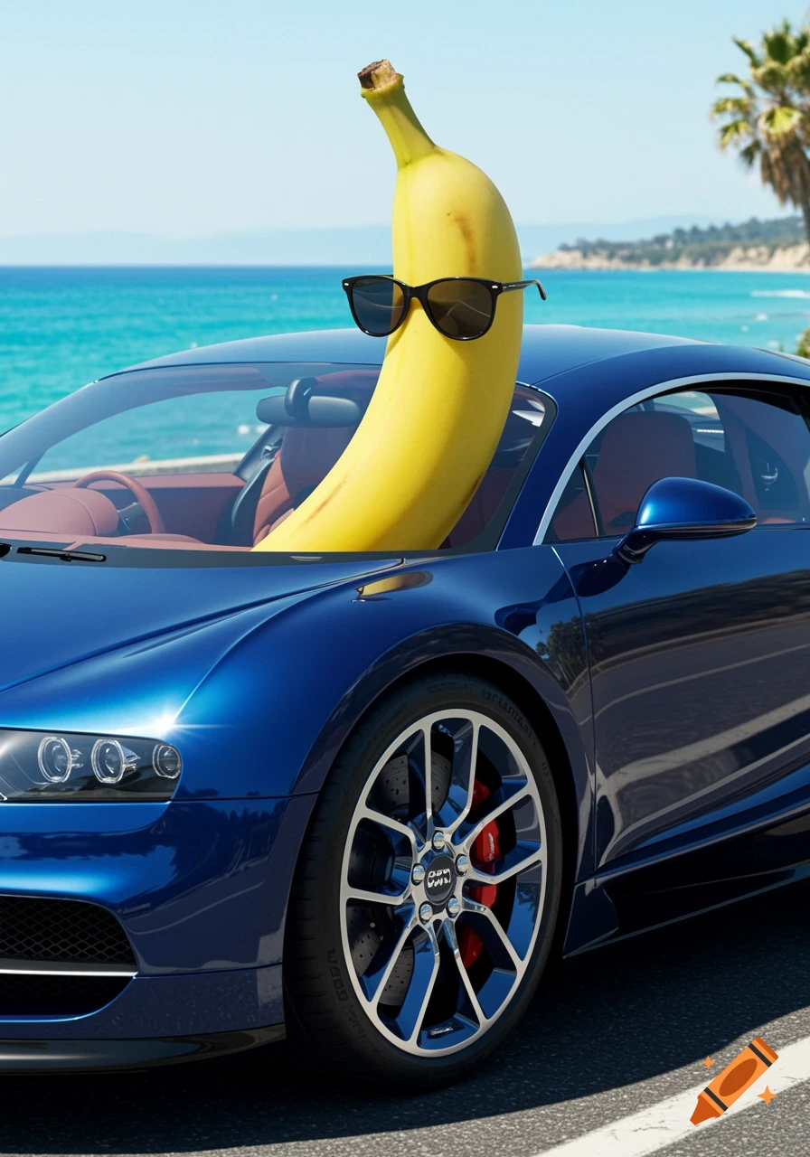 A photorealistic image of a banana wearing sunglasses sitting in a blue Bugatti sports car by the ocean.