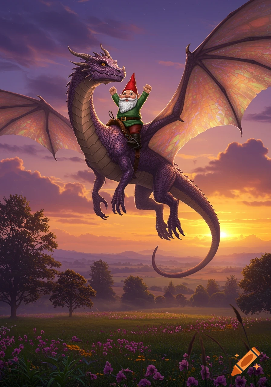 A happy gnome riding a purple dragon through a colorful sunset sky above a field of purple flowers.