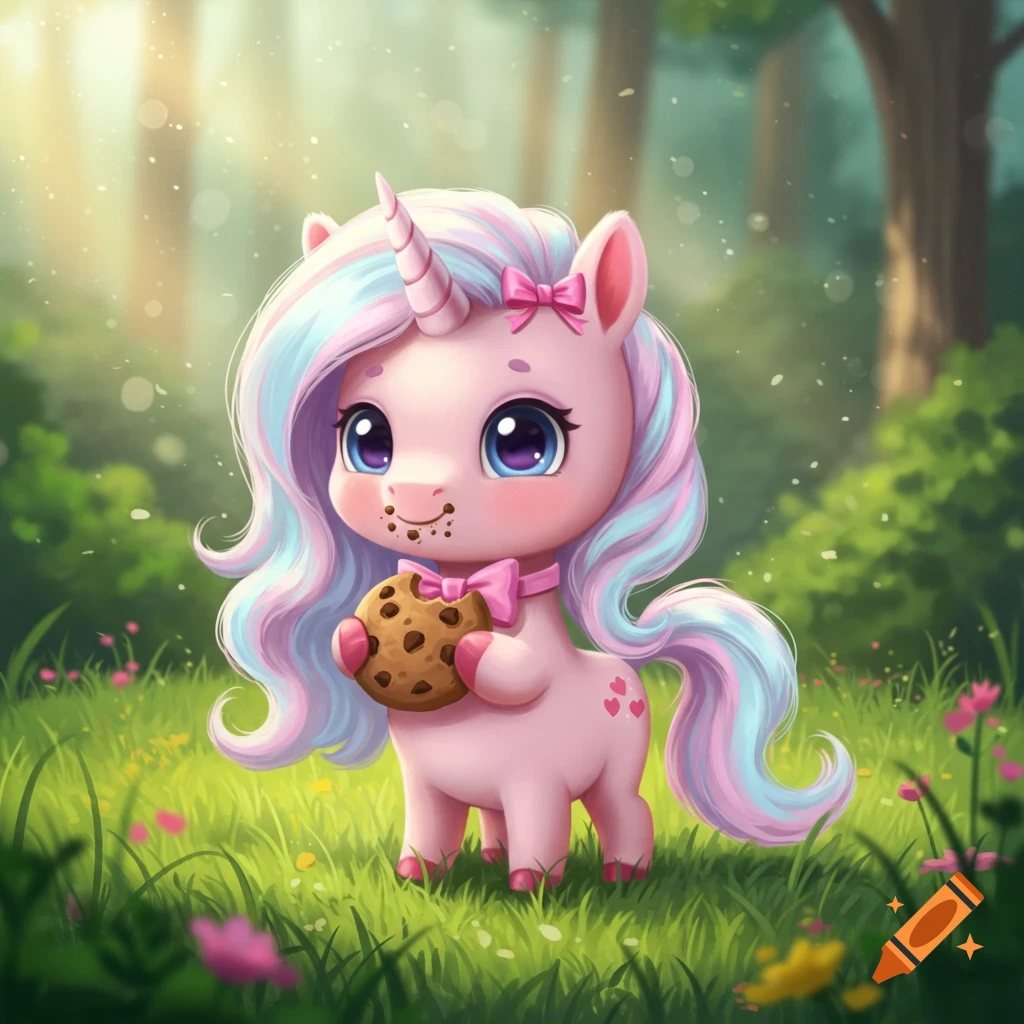 A cute, pink unicorn with pastel blue and pink mane and tail, holding a chocolate chip cookie with crumbs on its face, stands in a sunny, green forest clearing.